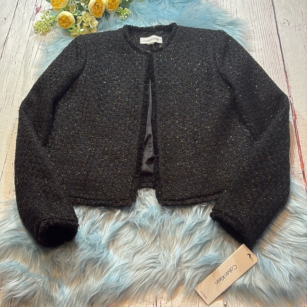 Calvin Klein Black Metallic Tweed Blazer Jacket sz 2P